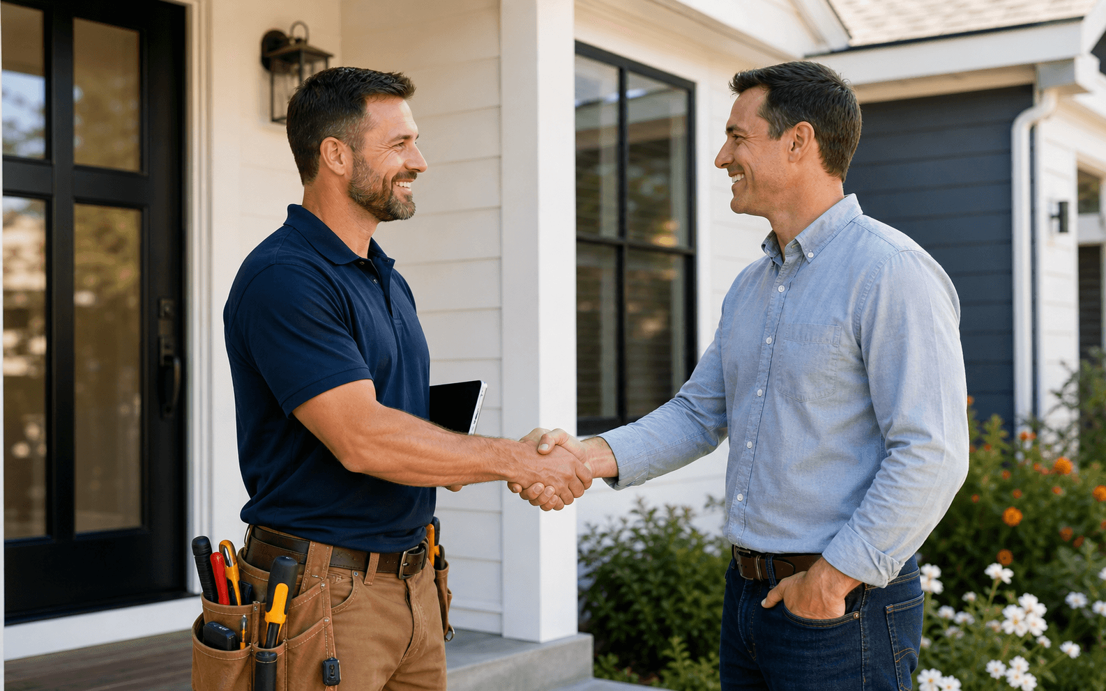 Happy contractor and customer shaking hands after a service visit