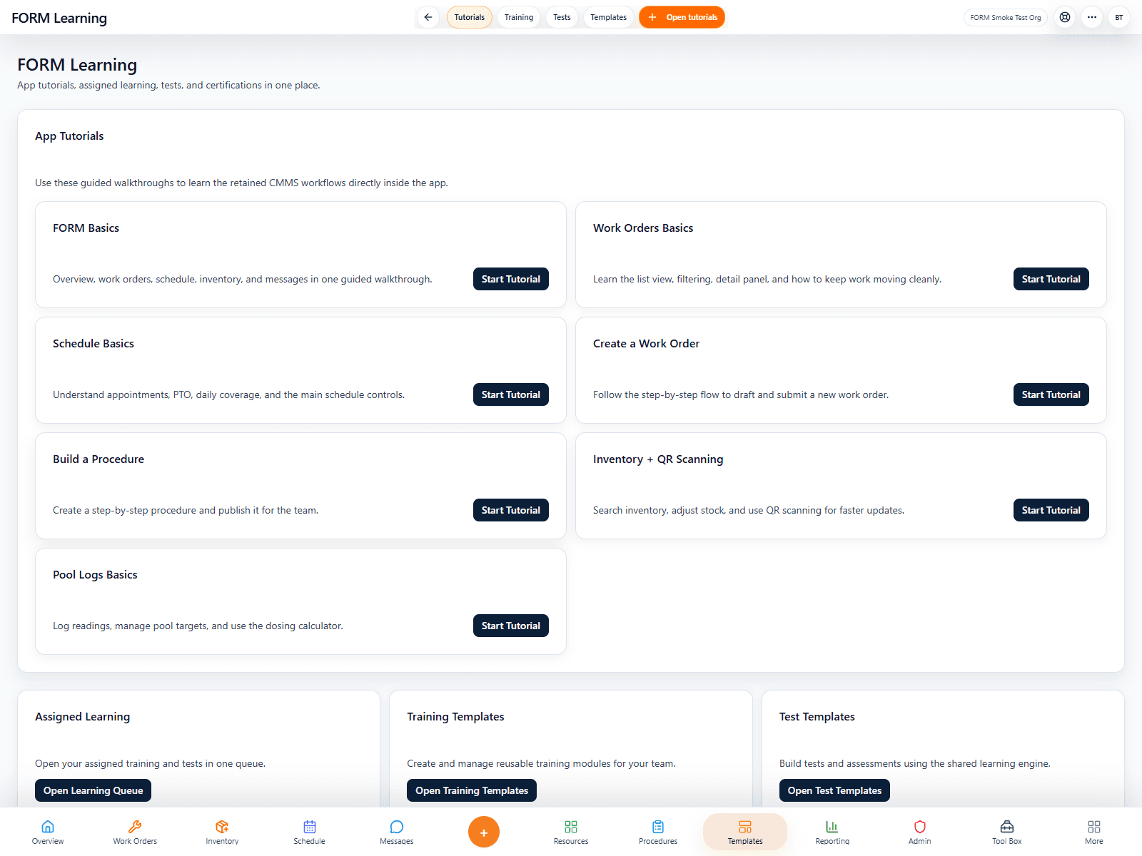 Live FORM Learning screenshot from the smoke-test organization