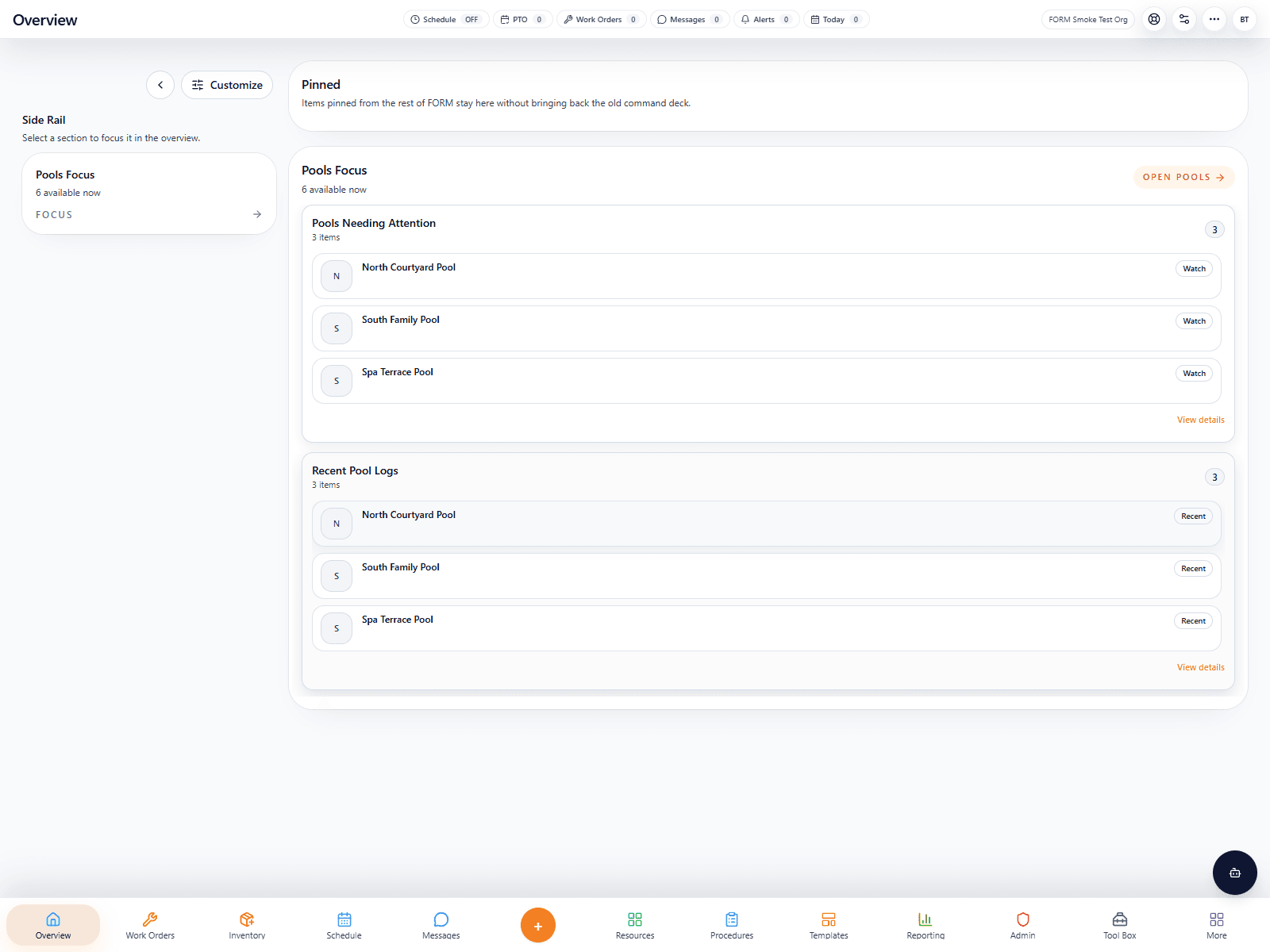 Live FORM overview screenshot from the smoke-test organization