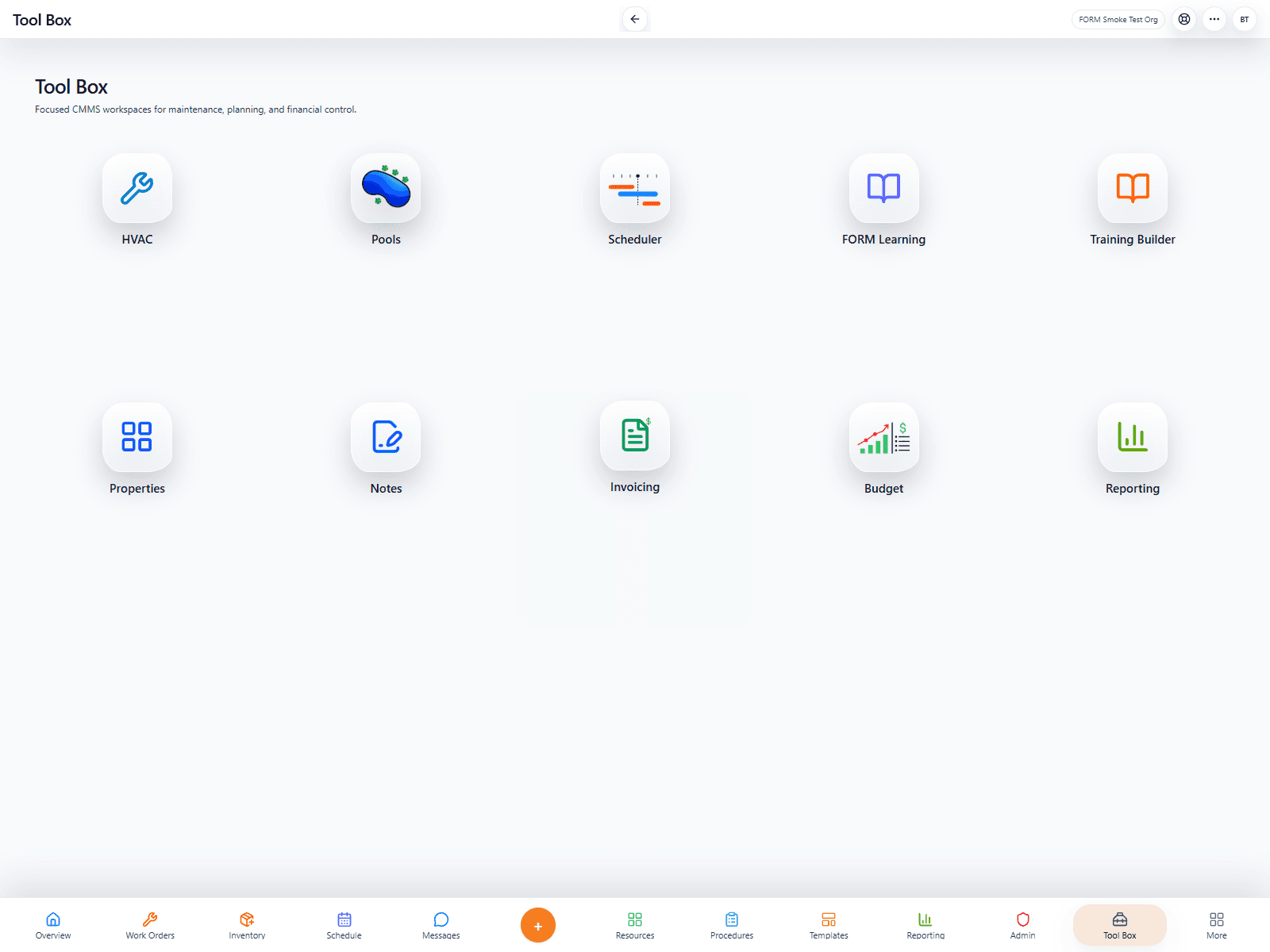 Live FORM toolbox screenshot from the smoke-test organization
