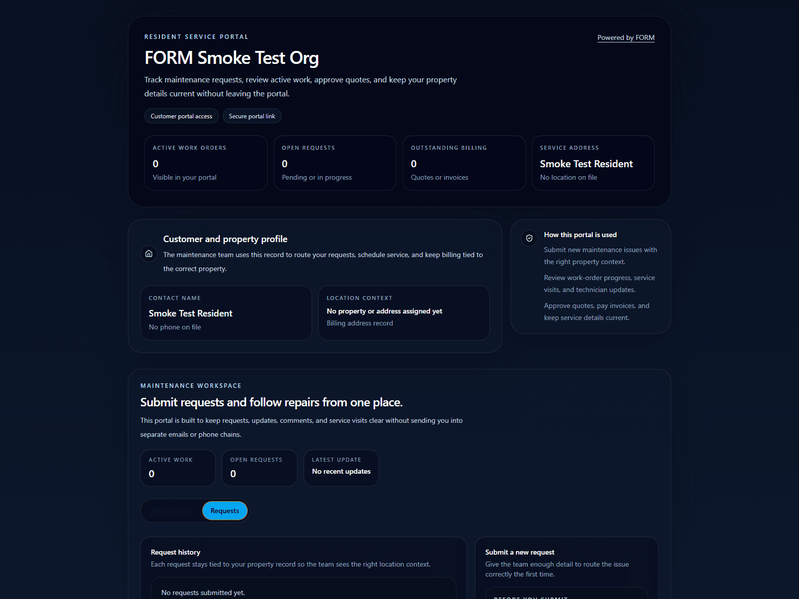 Real resident-facing FORM customer portal