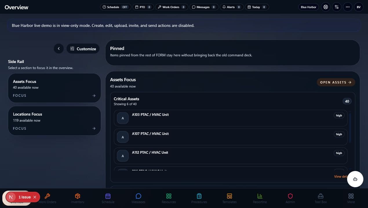 Blue Harbor demo overview showing the live FORM operating environment