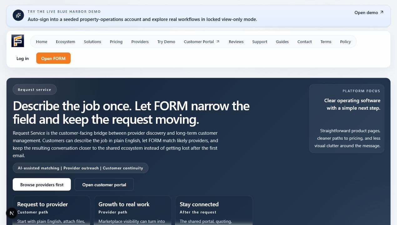 Live FORM request-service page showing customer intake and provider routing